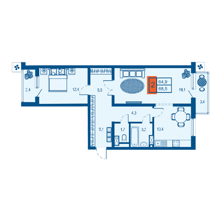 2 комнатная 68.5м²