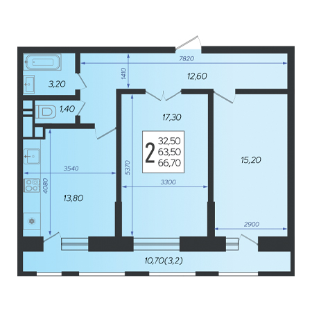 2 комнатная 66.7м²