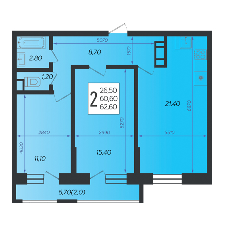 2 комнатная 62.6м²