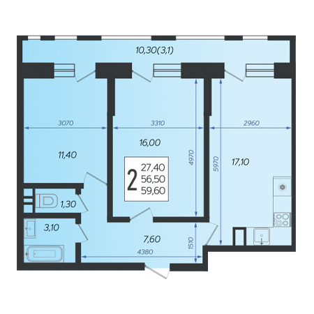 2 комнатная 59.6м²