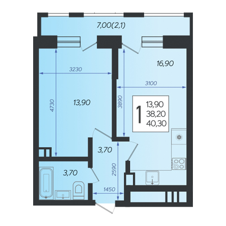 1 комнатная 40.3м²