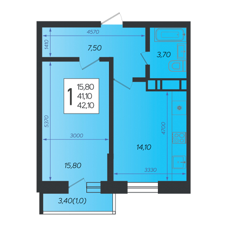 1 комнатная 42.1м²