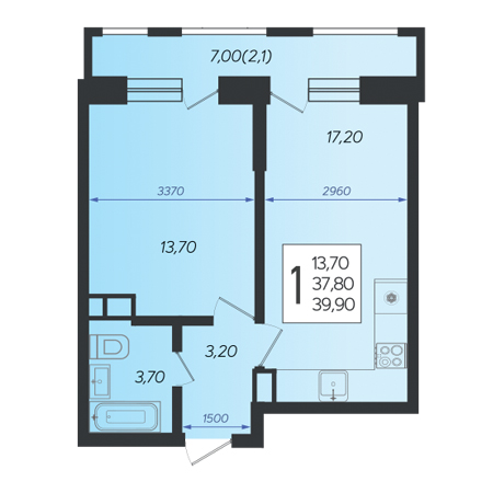 1 комнатная 39.9м²