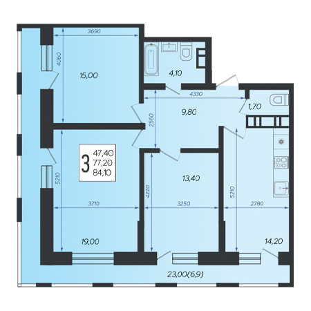 3 комнатная 84.1м²