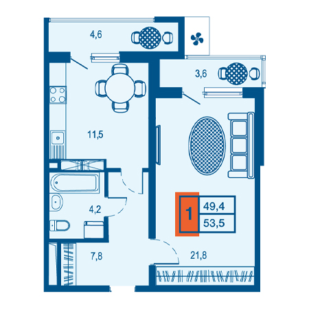 1 комнатная 53.5м²