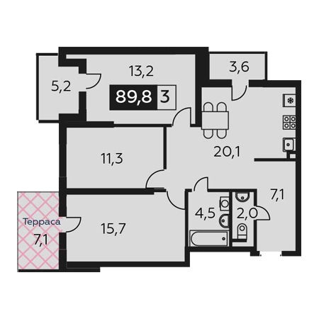 3 комнатная 89.8м²