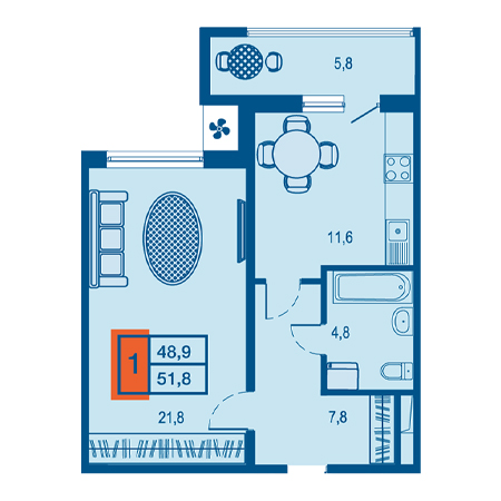 1 комнатная 51.8м²