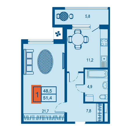 1 комнатная 51.4м²