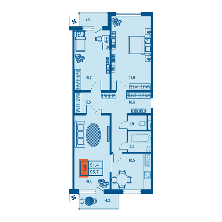 3 комнатная 95.7м²