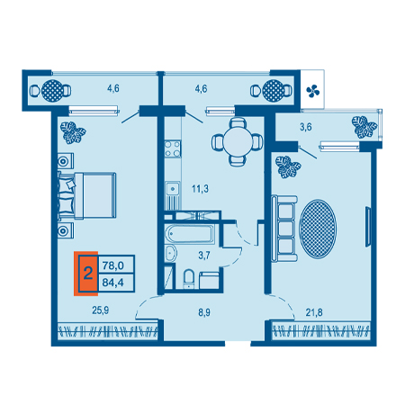 2 комнатная 84.4м²