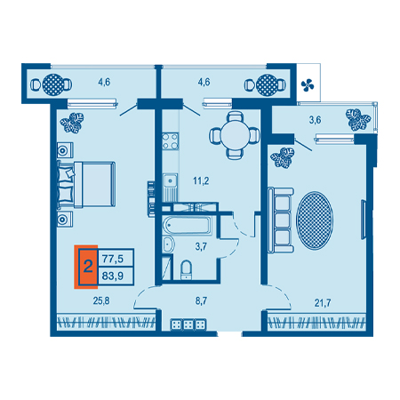 2 комнатная 83.9м²