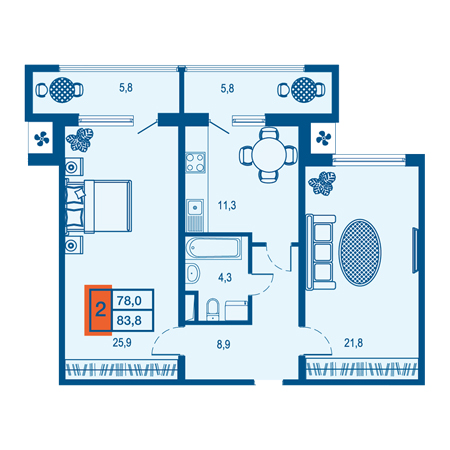 2 комнатная 83.8м²