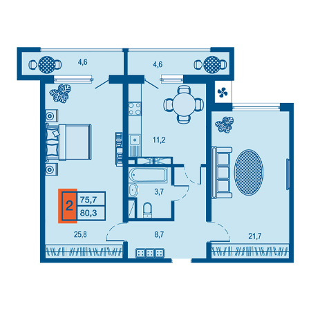 2 комнатная 80.3м²