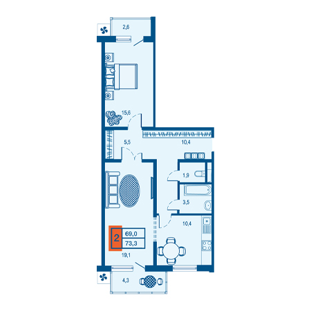 2 комнатная 73.3м²