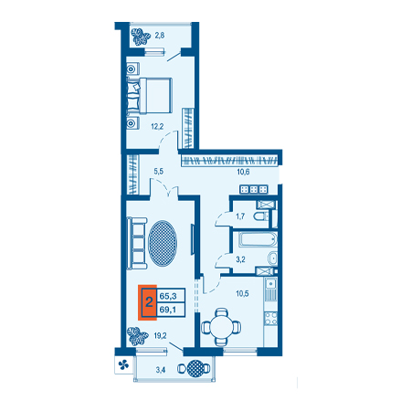 2 комнатная 69.1м²