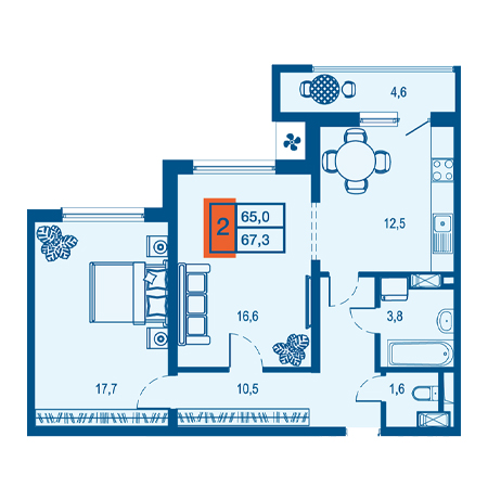 2 комнатная 67.3м²