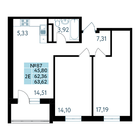 2 комнатная 63.62м²