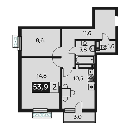 2 комнатная 53.9м²