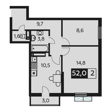 2 комнатная 52м²