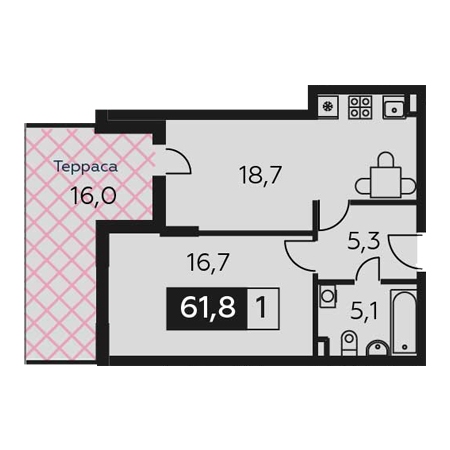 1 комнатная 61.8м²