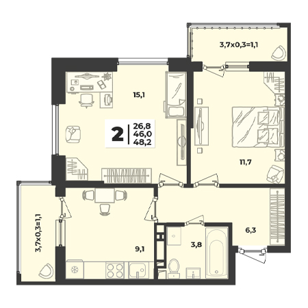 2 комнатная 48.2м²