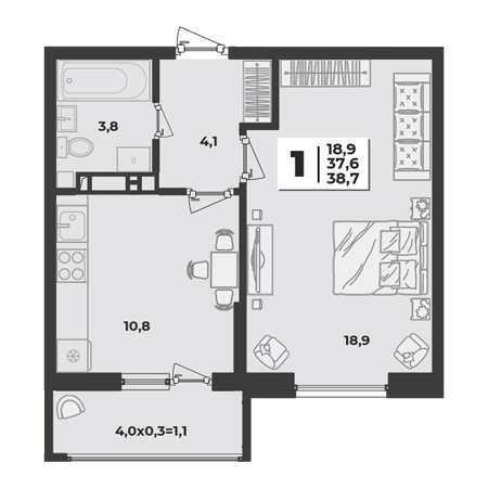 1 комнатная 38.7м²