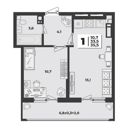 1 комнатная 35.5м²