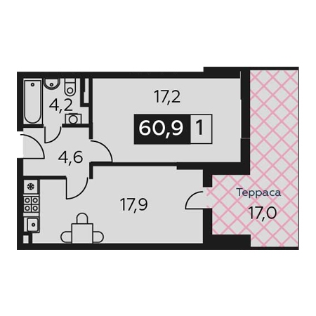 1 комнатная 60.9м²