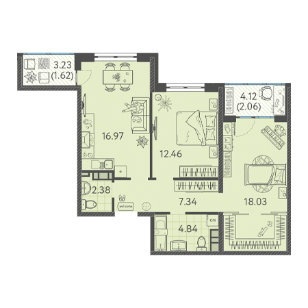 2 комнатная 65.7м²