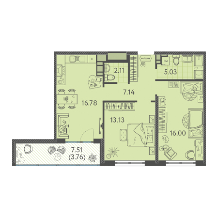 2 комнатная 63.95м²