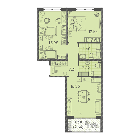 2 комнатная 62.75м²