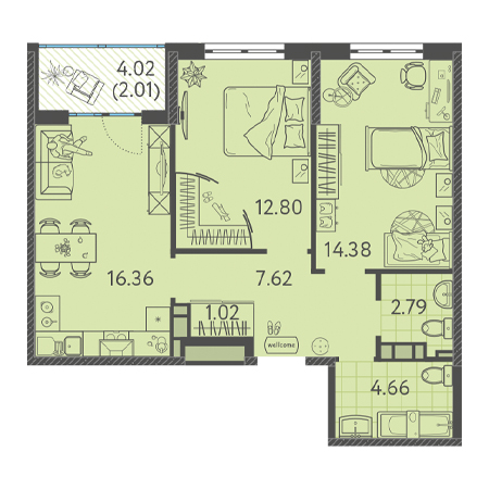 2 комнатная 61.64м²