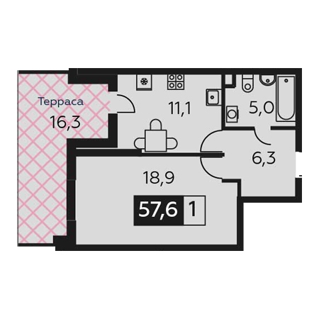 1 комнатная 57.6м²