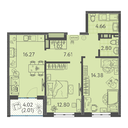 2 комнатная 61.55м²