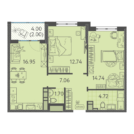 2 комнатная 59.91м²