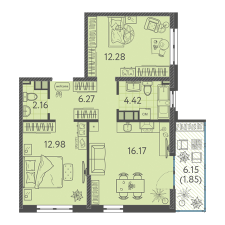 2 комнатная 56.13м²