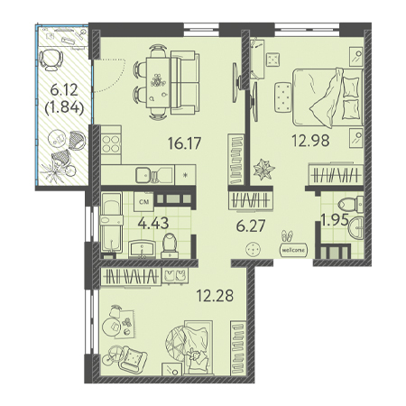 2 комнатная 55.92м²