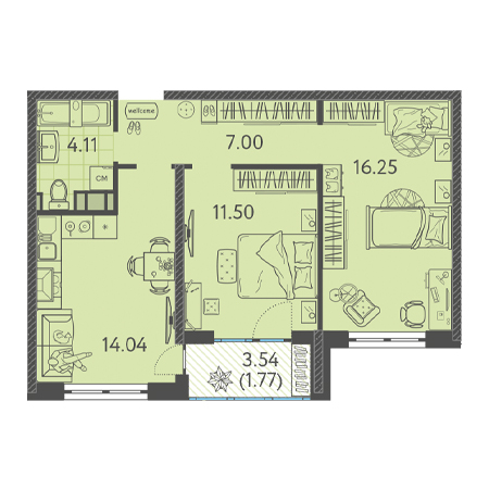 2 комнатная 54.67м²