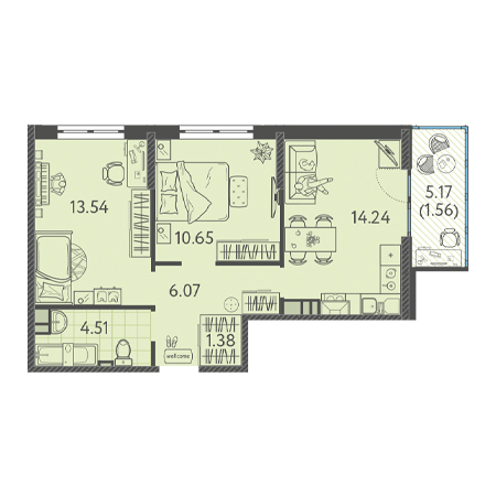 2 комнатная 51.94м²