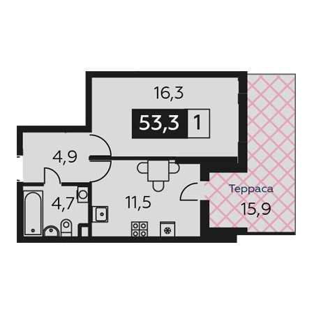 1 комнатная 53.3м²