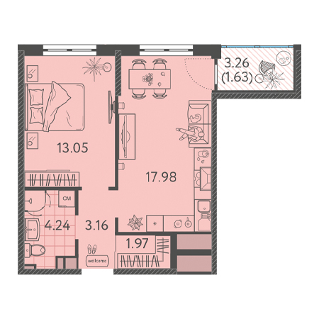 1 комнатная 42.03м²