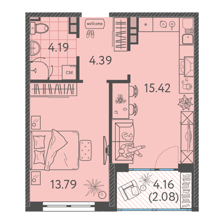 1 комнатная 39.87м²