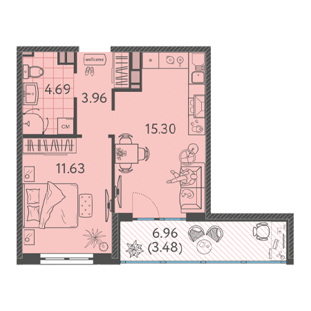 1 комнатная 39.06м²