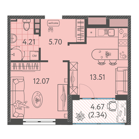 1 комнатная 37.83м²