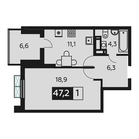 1 комнатная 47.2м²