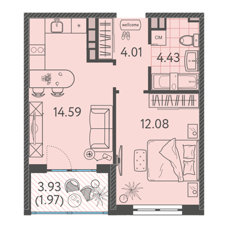 1 комнатная 37.08м²