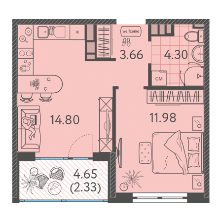 1 комнатная 37.07м²