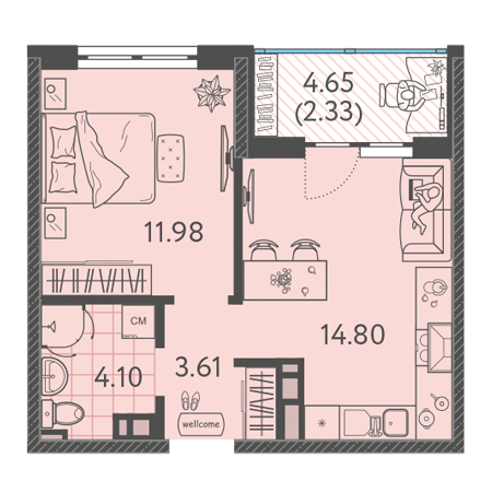 1 комнатная 36.82м²