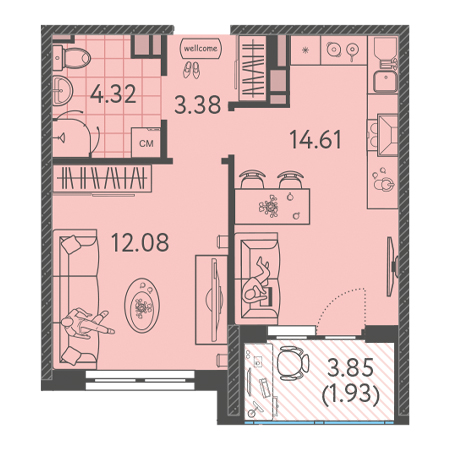 1 комнатная 36.32м²