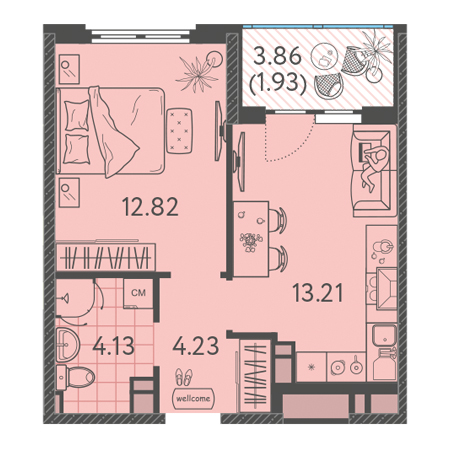 1 комнатная 36.32м²